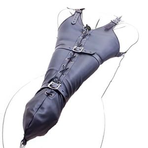 Fem fingrarhandskar Bondage Leather Glove dragkedja Single Glove Armbinder med över axelremmar Sexig full ärm en armbindemedel bondage återhållsamhet 231016