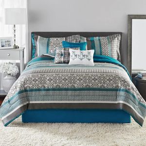 Sängkläder sätter 7 -stycken Princeton Woven Jacquard Comforter Set Teal Stripe Full Queen 231017