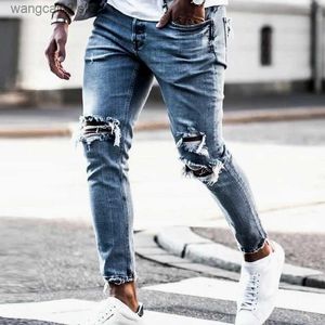 Erkekler kot yeni skinny jeans erkekler sokak giysisi yok edilmiş yırtık kot pantolon hip hop kırık modif modif