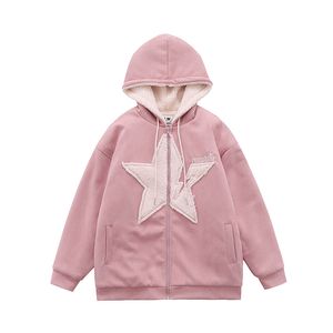 Winter Fleece Suede Jacket Streetwear Hip Hop Embroidery Star Patch Zipper Fuzzy Hooded Coat Harajuku Plush Thick Warm Jackets