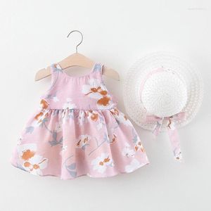 Mädchen Kleider Baby Kleid 2023 Sommer Bogen Druck Mit Hut 2 Stück Kleidung Anzüge Böhmen Stil Geboren Kleinkind Kleinkind