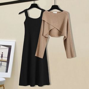 Two Piece Dress Fall Winter Knitted Two Pieces Sets Womens Outfits Korean Casual Irregular Long Sleeve Short Sweaters And Kintting Dresses Set 231016