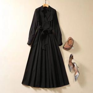 ヨーロッパとアメリカの女性服2023秋の新しいスーツ襟長袖ブラックベルトファッションプリーツドレスxxl