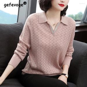 Women's Sweaters Autumn Winter Polo-neck Hollow Out Loose Casual Sweater Ladies Oversized Fashion All-match Jumpers Diamonds Knitting Top