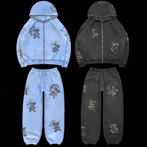 2023 American Winter Par Y2K Hoodies 2 Piece Set Print Coats + Elasticity Pants Full Zip Up Sportswear Overdimased Retro Suits