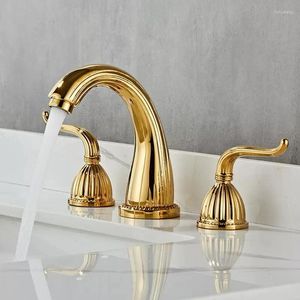 Rubinetti per lavandino del bagno Rubinetto per vasca con finitura dorata Doppi manici Miscelatore per lavabo da 3 pezzi Ottone antico