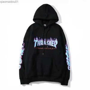 Herrtröjor tröjor kpop retro flamma bokstav tryck hoodie koreansk ins harajuku bf style street hip-hop lös plus sammet tröja för män och kvinnor231017