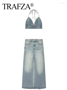 Abiti da lavoro TRAFZA Donna Casual Halter Denim Top con strass Fiore Crop SummerFashion Gonna sbiadita Donna Jean Slit Midi Set