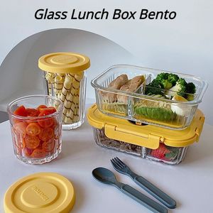 Bento Boxes Glass Lunch Box Bento Vertical Grain High Borosilicate Microwave Oven Separate Fresh-Keeping Bowl Sealed Food Storage Containers 231013