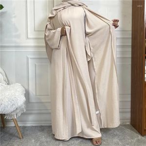 Ethnic Clothing 2 Piece Abaya Set Simple Style Crinkle Fabric Kimono Sleeveless Dress Dubai Muslim Women Modesty Islamic Ramadan Eid