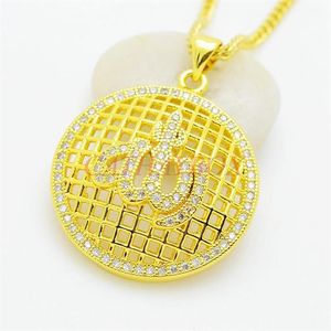 Women's 18KGP Gold Tone Islamic God CZ Round Pendant Necklace W Curb Chain Gift For Muslim Necklaces292Y