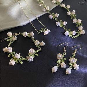 Anhänger Halsketten Koreanische Romantische Weiße Blume Perle Schmuck Set Maiglöckchen Vintage Ohrringe Halskette Armband Für Frauen Geschenk Bijoux