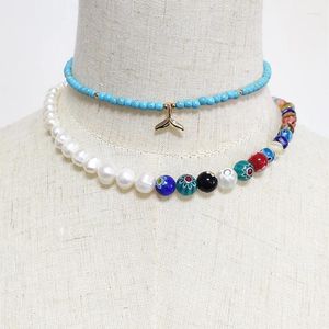 Choker Handmade Beaded Necklace Natural Freshwater Pearl Colorful Pattern Beads Stitching Trendy Charm Gift For Girls