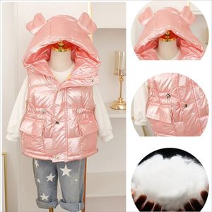 Weste 2-8 Jahre Kleinkind Mädchen Winterkleidung Herbst Koreanischer Stil No-clean Kapuze Langer Parka Taillenmantel für Kinder Pufferweste 231016