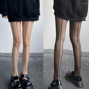 Kvinnors strumpor sexig retro Se genom strumpbyxor med framsidan baksöm vertikal randrimlinje ren tights silkeslen strumpor