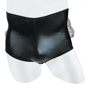 Cuecas masculinas sexy calcinha de couro falso exposto quadris malha fina babados briefs roupa interior sem costas transparente hombre erótico