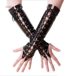 Fingerless Gloves Sexy Long PVC Women Black Red Gloves Ladies Fetish Faux Leather Black Bandage Gloves Clubwear Sexy Cosplay Costumes Night ClubL231017