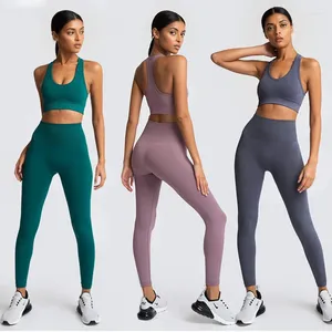 Yoga Outfit Damen Gym Wear Nahtloses Strickset Fitness Langarm Crop Top High Rise Leggings Laufhose Trainingsanzug