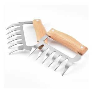 Meat Poultry Tools Kitchen Stainless Steel Claw Wooden Handle Divided Tearing Flesh Mtifunction Meats Shred Pork Clamp Bbq Tool Dr Dhqrs