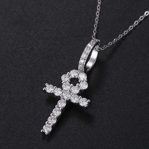 Hip Hop S925 Sterling Silver Ankh Key 0.03ct VVS Moissanite Cross Necklace Birthday Party Gift For Woman Man Jewelry