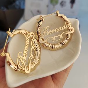 Hoop Huggie 30mm-100mm Bamboo Earrings Customize Name Earrings Custom Hoop Bamboo Style Personality Earrings With Heart-shaped with gift box 231016