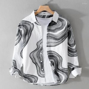 Camisas casuais masculinas 9145 textura bolha camisa de alta qualidade preto listrado impressão solta manga longa streetwear blusa versátil praia topos