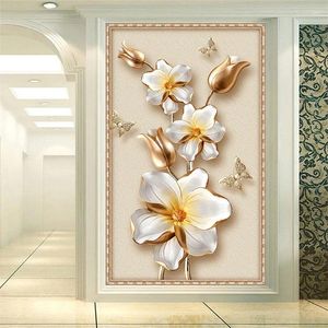 Wallpapers 3D estereoscópico luxo flor de ouro jóias po mural papel de parede estilo europeu el sala de estar entrada pano de fundo papéis de parede