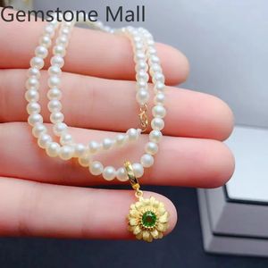 Pendant Necklaces 925 Silver Fresh Water Pearl Necklace with 4mm Natural Diopside 3 Layers 18K Gold Plating Jewelry for Party 231017