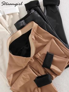Leggings da donna invernali in pile sottile in pelle sintetica per donna pantaloni finti basic elasticizzati a vita alta in velluto nero legging caldo