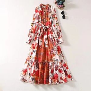 European and American women's clothing 2023 autumn new Long sleeve stand collar red printed belt Fashion pleated dress XXL