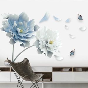 Adesivos de Parede Grande Branco Flor Azul Lotus Borboleta Removível 3D Art Decalques Home Decor Mural para Sala de estar Quarto 231017