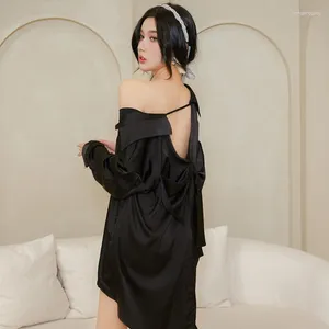 Women's Sleepwear Summer Autumn Long Sleeve Nightwear Black Lingerie Sexy Nightgown Button Satin Sleepshirts Night Dress Shirt