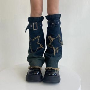 Женские носки Y2K со звездным ремешком, джинсовые чехлы в стиле Харадзюку в стиле панк-крест, готические персонализированные носки до икры с манжетами