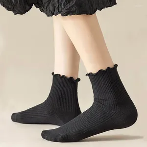 Women Socks 3 Pairs Ruffle For Mid Crew Middle Tube Ankle High Breathable Black White Woman Calcetines Female Spring Autumn