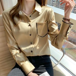 Lüks tasarımcı kadın altın ipek bluzlar uzun kollu düğme gömlek sonbahar moda gömlekleri artı 2023 ofis bayanlar yaka pisti gündelik çok yönlü tepeler