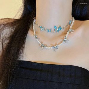 Choker French Romantic Vintage Blue Bling Butterfly Elegant Pearl Exquisite Necklace For Women Aesthetic Sweet Cool Punk Jewelry