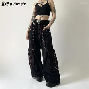 Calças de brim femininas suchcute goth escuro y2k punk carga calças hippie baggy perna larga grunge harajuku preto cinta retalhos ponto calças