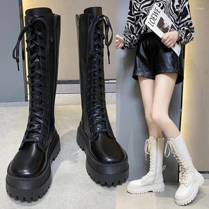 British 2024muffin Women's Boots Knight-منصة الأحذية على غرار السميك أسفل الركبة مع الأشرطة Zipper 235 Overthekne 30 e