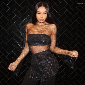 Casual Dresses Black White Shiny Rhinestones Sequin Fishnet Women Mini Dress Sexy Long Sleeve Mesh Hollow Out Transparent Party Cl307J