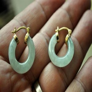 Natural Light Green Jade 18K GP MODER GOLD HOOP أقراط 338Z