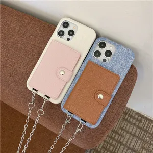 Collana di lusso Folio Litchi Grain Vogue Custodia per telefono per iPhone 15 Plus 14 13 12 11 Pro Max XR XS Elegante tracolla con fessura per scheda Portafoglio in pelle Litchi Grain Cover posteriore