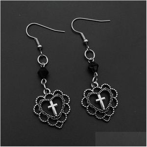 Charm Gothic Punk Style Hollow Heart Cross Charms Pendant Earrings Relin Dark Art Goth Jewellery For Women Rock Jewelry Earrings Dhuxd