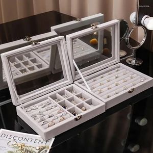 Jewelry Pouches Luxury Velvet Carrying Case With Glass Cover Drawer Ring Display Box Tray Holder Storage Organizer Bracelet