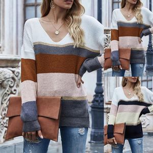 Women's Sweaters 2023 Autumn And Winter Fashion Color Blocking Striped V Neck Pullover Sweater Oversize Long Sleeve Casual Knitwear