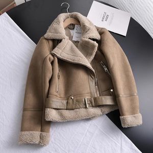 Women's Trench Coats Winter Women Faux Shearling Sheepskin Leather Jackets Outwear Thick Parka Warm Suede Lamb Fur Jacket Short Motorcycle