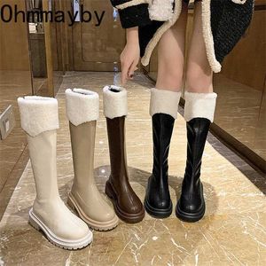 Boots Winter Fur Women Long Fashion Platform Flats Heels Round Toe Knee High Back Zipper Knight 220929