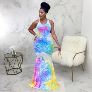 Casual Dresses Rainbow Tie Dye Print Summer Mermaid Long Dress Women Sleeveless Back Cut Out Party Elegant Female Bandage BodyCon188L