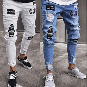 US Popular Eat Chicken BLue white men skinny pencil jeans Punk Streetwear Hiphop slim Ripped hole badge men long pants trousers276S