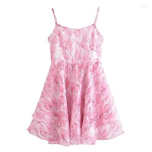 Casual Dresses YENKYE Sweet Women Pink Floral Print Sexy Sling Mini Dress Sleeveless Female A-line Summer Holiday Robe