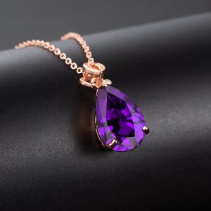 Hänge halsband solida 18k rosguld 45 cm halsband Amethyst Topaz Women 18 K smycken Purple Naszyjnik Collares Mujer Pendants 231017